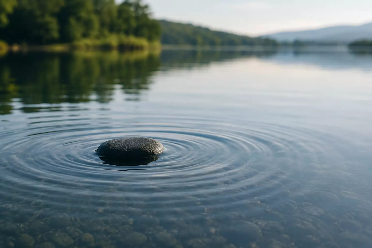 Ein Stein liegt im ruhigen Wasser eines Sees und zieht konzentrische Ringe, Symbolbild für die aufgewühlte Angst, die sich wieder zu Ruhe und Klarheit legt