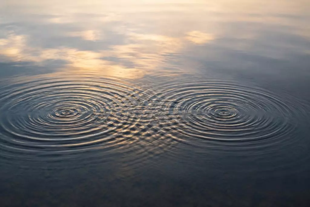 Zwei sich überschneidende Wellenkreise auf ruhigem Wasser im Abendlicht, Symbolbild für die ausgleichende Wirkung von EMDR in Stein bei Nürnberg